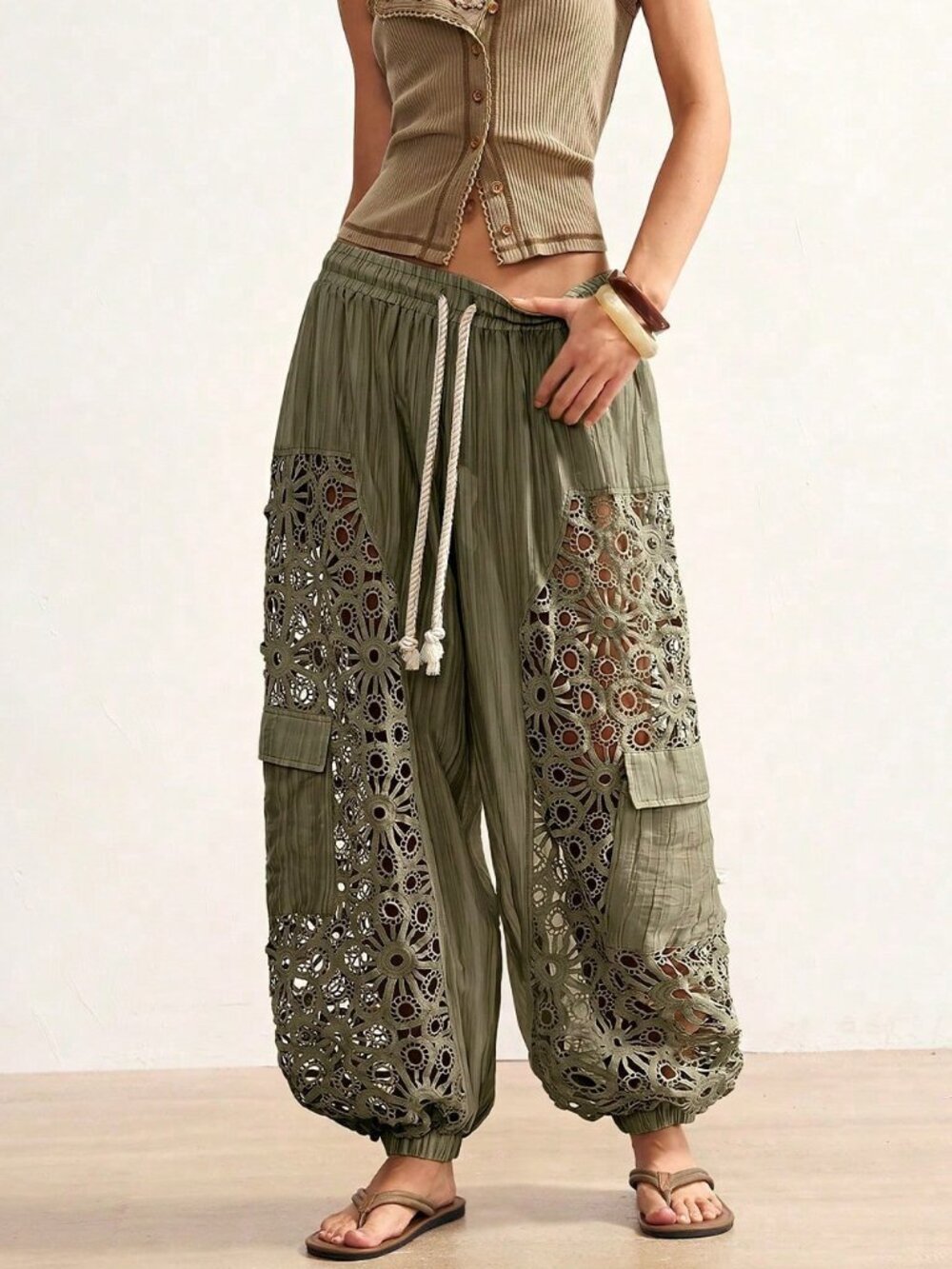 Women's Casual Boho Woven Patchwork Loose Fit Long Pants Vacation - Picture 7 of 8